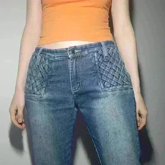 Vintage Y2K faded flared jeans with braid details ✦  mid rise ✦ medium wash - Picture 7 of 16